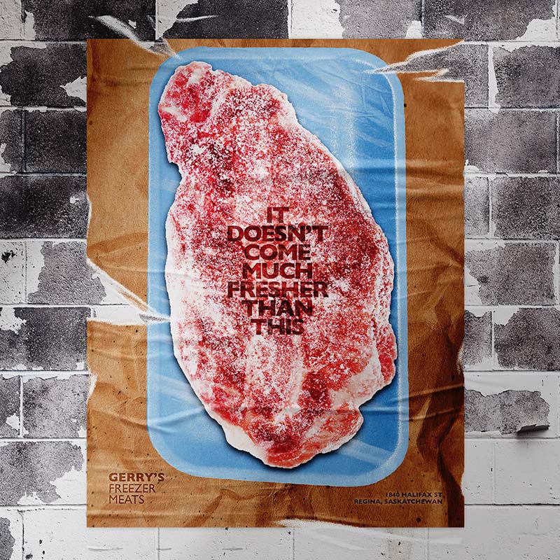 A satirical poster for a local frozen meat business