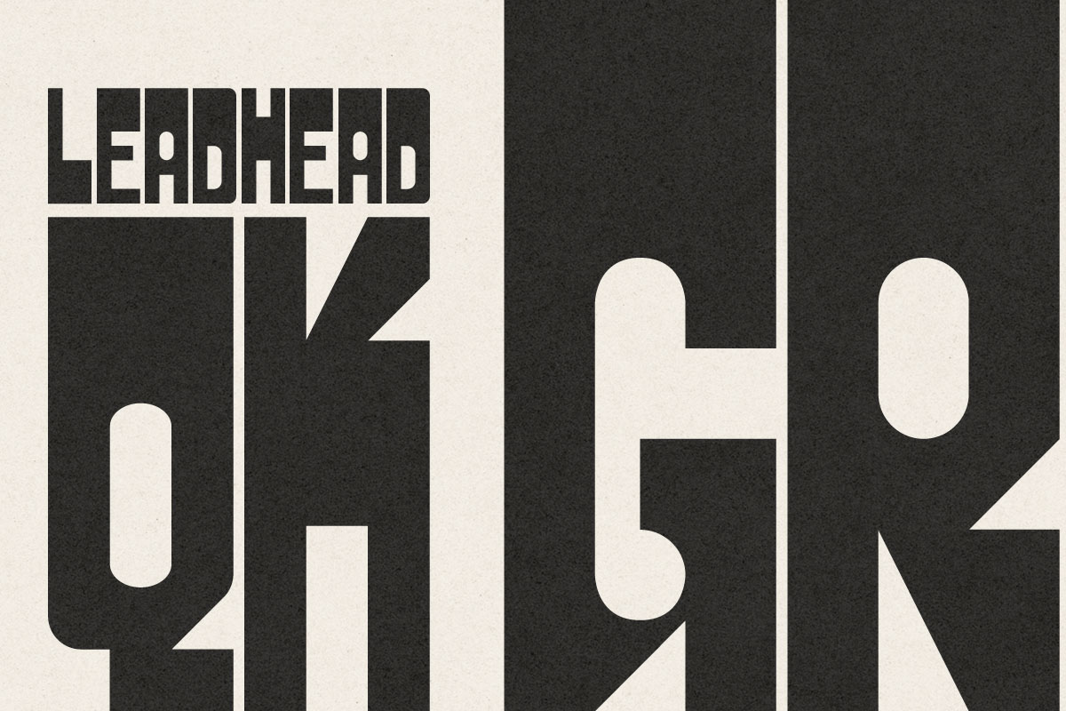 A graphic displayiing the typeface in action: Leadhead QK GR