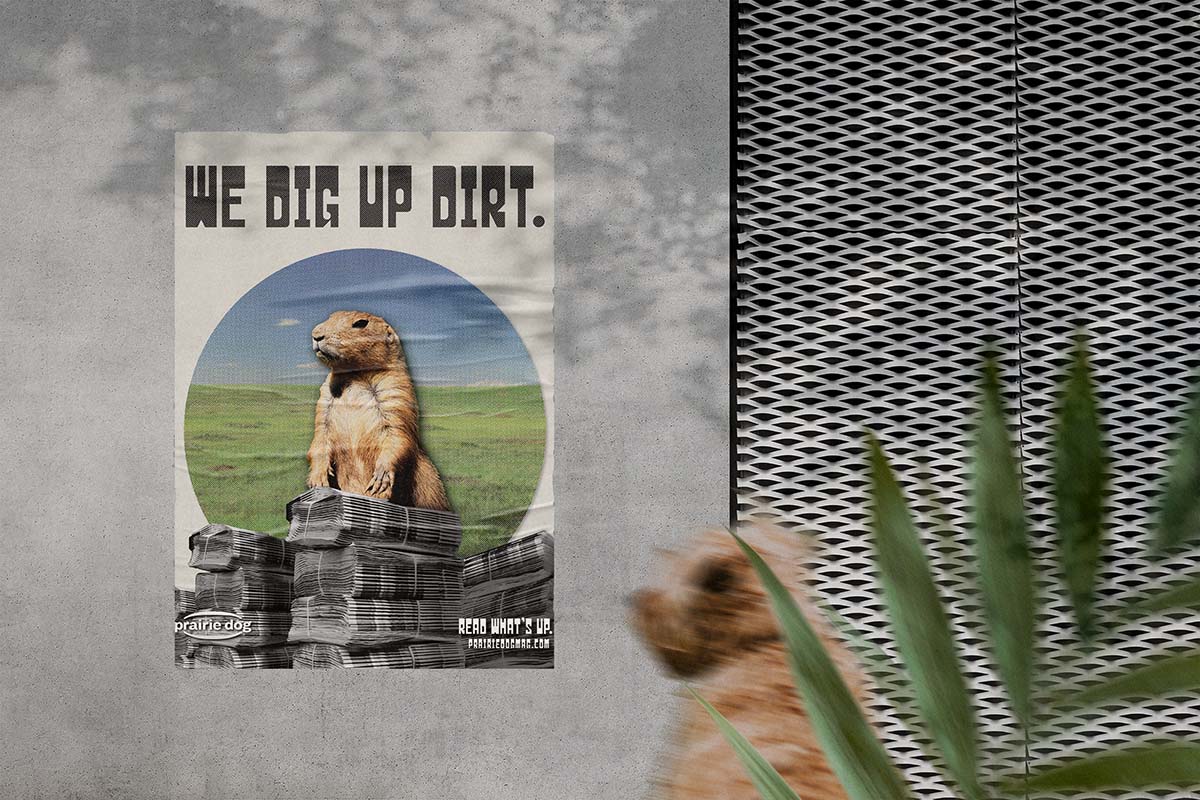 A poster mockup of the Leadhead font. The poster shows a prairie dog standing behind a mound of newspapers, with the caption 'We dig up dirt.' set in the Leadhead typeface