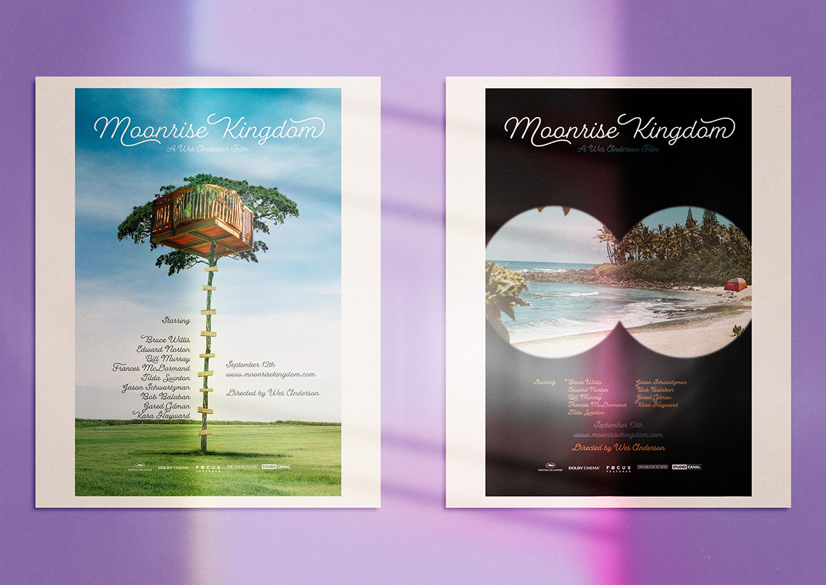 Two posters for the movie Moonrise Kingdom by Wes Anderson.
            The one on the left depicts a large treehouse alone in a field of grass. The poster on the right is a beach scene
            with a tent, viewed through a pair of binoculars.